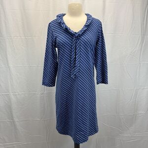 J. McLaughlin Catalina Jaclyn Dress M 3/4 Sleeve Ruffle Neck Tie Blue Stretch